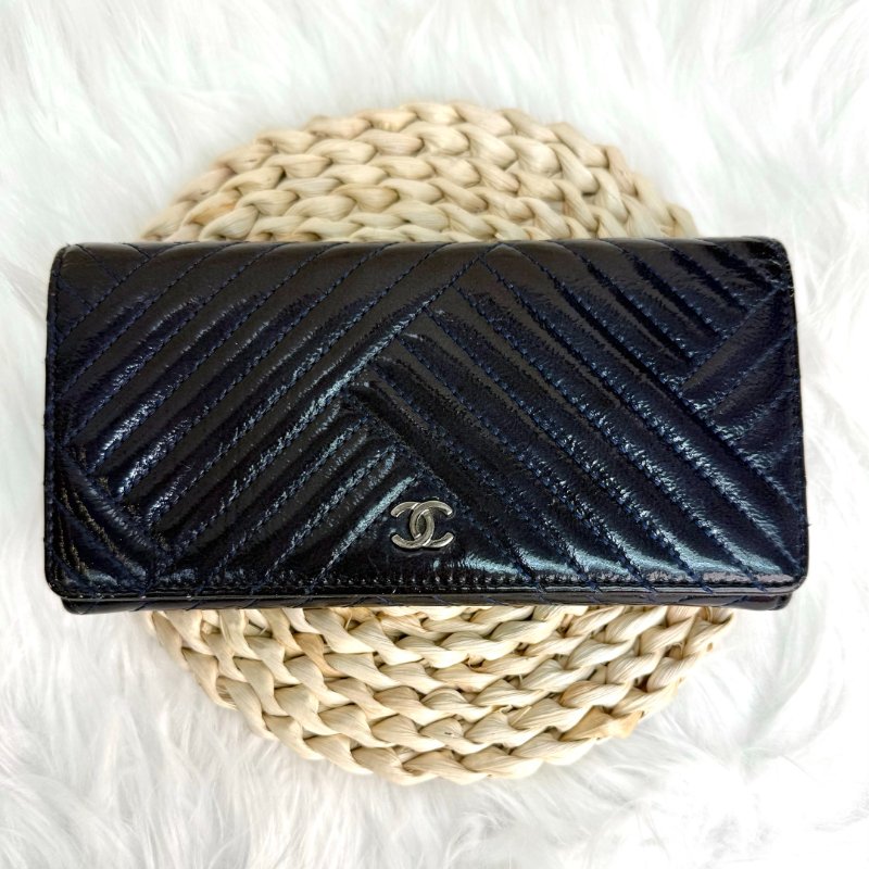 Chanel 經典 藍色 斜紋 漆皮 大號 銀扣-0