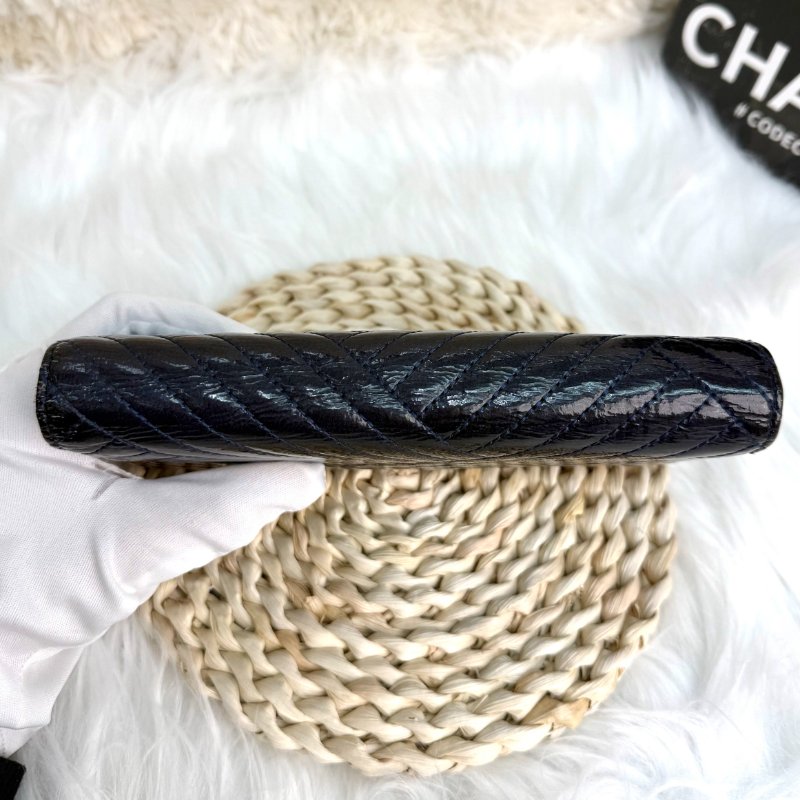 Chanel 經典 藍色 斜紋 漆皮 大號 銀扣-2