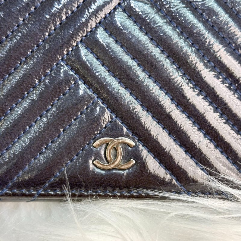 Chanel 經典 藍色 斜紋 漆皮 大號 銀扣-5