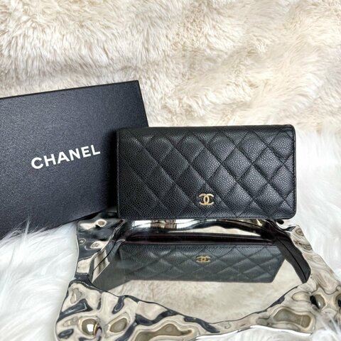 Chanel 經典 折疊款 黑色 菱格紋 荔枝牛皮 金扣 錢包