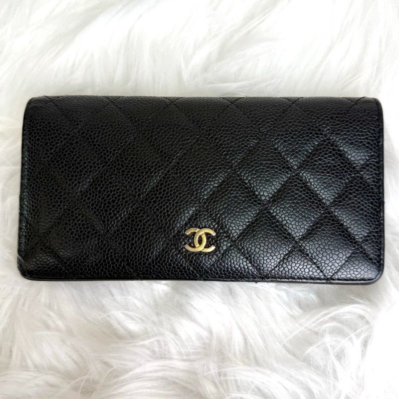Chanel 經典 折疊款 黑色 菱格紋 荔枝牛皮 金扣 錢包-1
