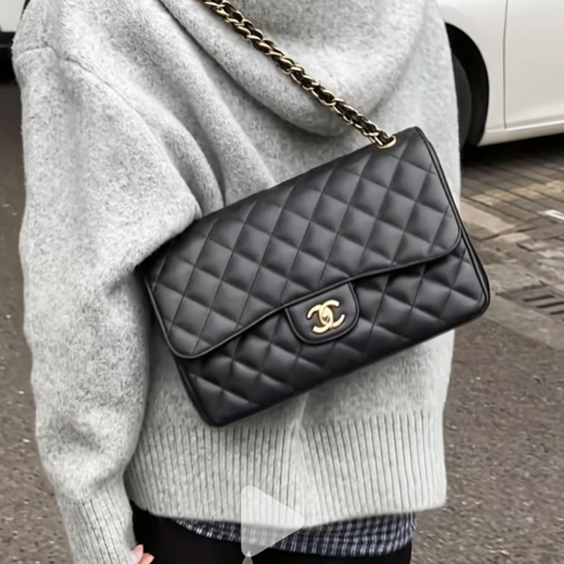 CHANEL香奈兒黑金荔枝皮雙蓋CFJumbo魚子醬珍寶-32