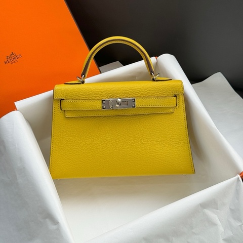 Hermes 愛馬仕 Mini Kelly二代 9O那不勒斯黃內拼93愛馬仕橙 銀扣 U刻 山羊皮