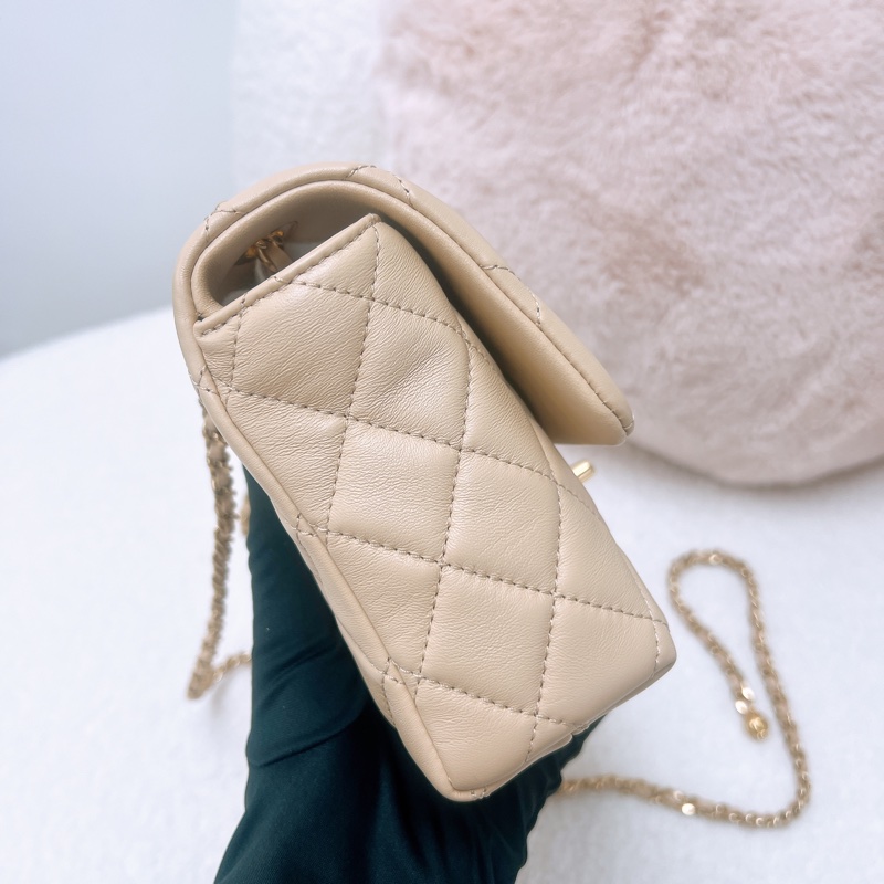 Chanel flap 20 奶茶色翻蓋包 可調節手柄-3
