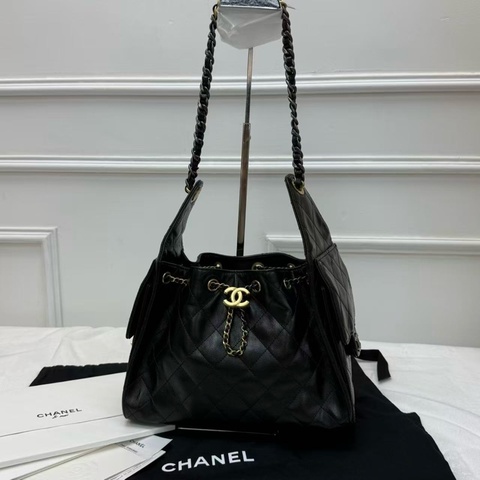 CHANEL香奈兒 25Bag Hobo 小號 黑金 亮面折紋小牛皮