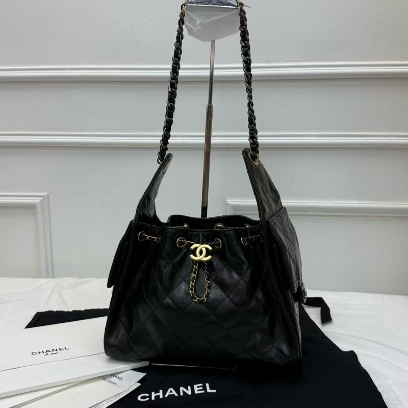 CHANEL香奈兒 25Bag Hobo 小號 黑金 亮面折紋小牛皮-0