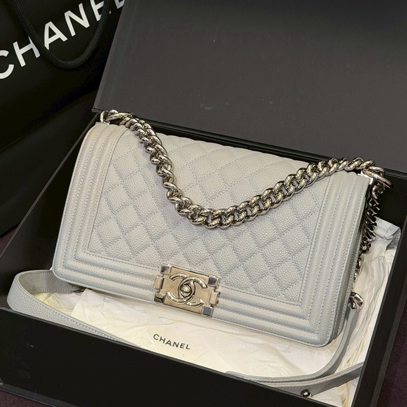 Chanel香奈兒荔枝牛皮Leboy25中號鼠尾草灰單肩斜挎包-3