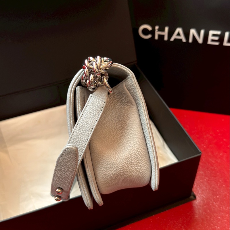 Chanel香奈兒荔枝牛皮Leboy25中號鼠尾草灰單肩斜挎包-4