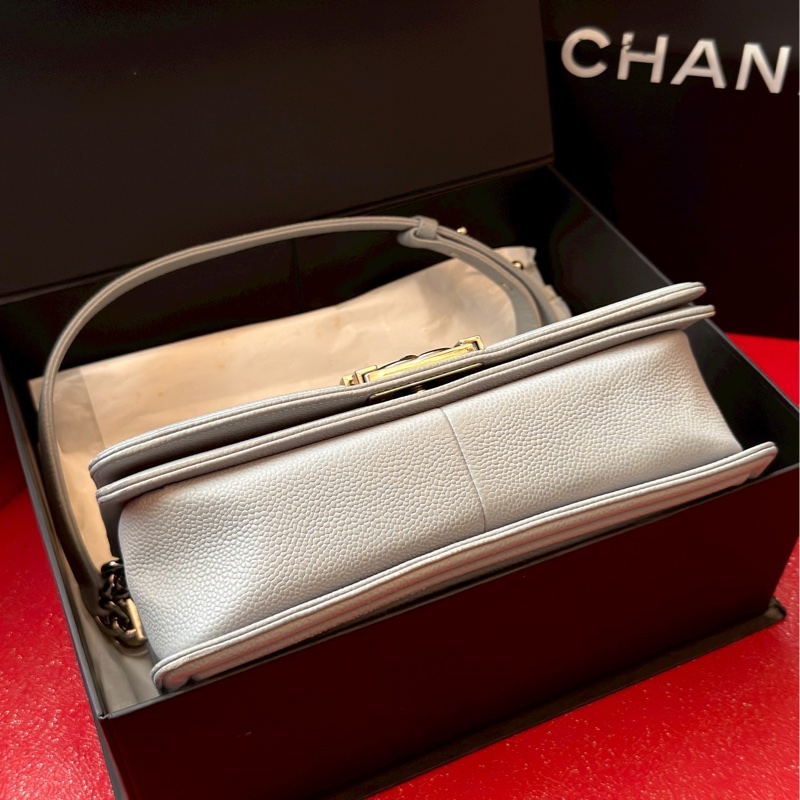 Chanel香奈兒荔枝牛皮Leboy25中號鼠尾草灰單肩斜挎包-7