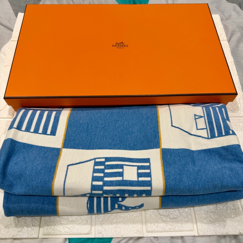 全新藍色系Hermes Les Cabanes blanket 寶寶毯/緹花織毛毯-0