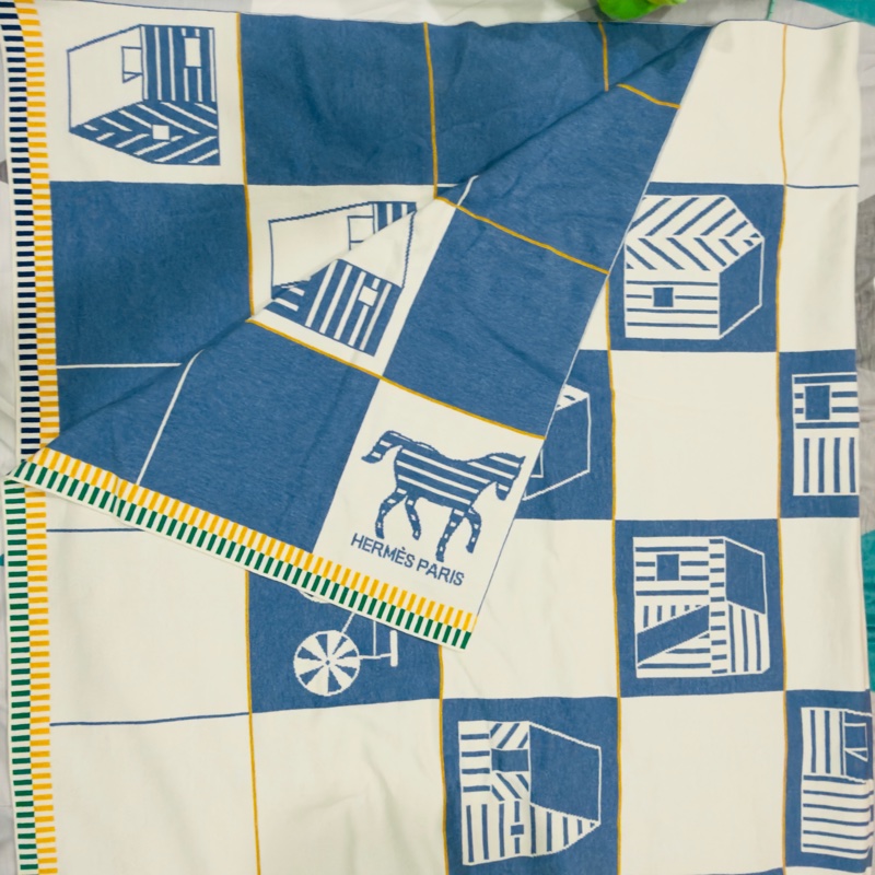 全新藍色系Hermes Les Cabanes blanket 寶寶毯/緹花織毛毯-1