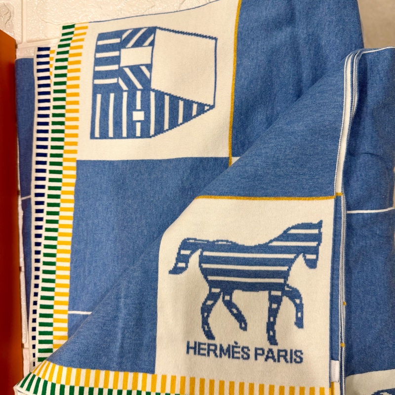 全新藍色系Hermes Les Cabanes blanket 寶寶毯/緹花織毛毯-4