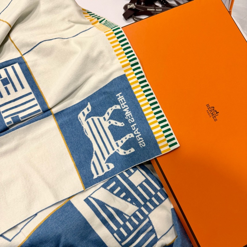 全新藍色系Hermes Les Cabanes blanket 寶寶毯/緹花織毛毯-7