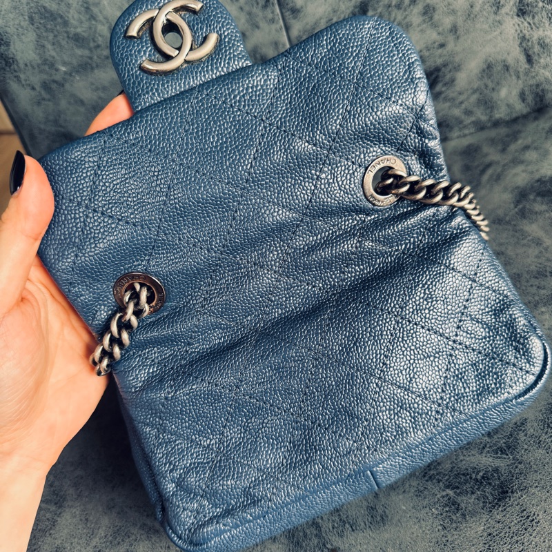 限時CHANEL 香奈兒 Coco Mark 菱格藍色銀扣荔枝皮 經典款#斜背包#側背包#手拿包#肩背包-7