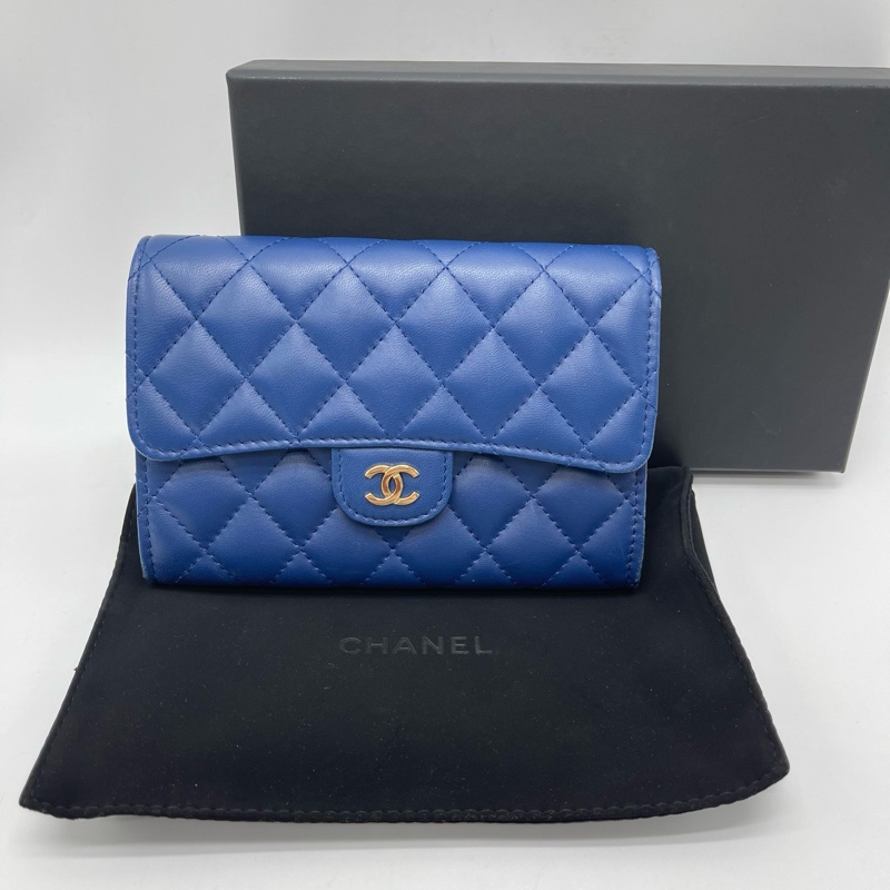 Chanel/香奈兒 菱格長款翻蓋拉鍊錢包錢夾 寶石藍 95新-0