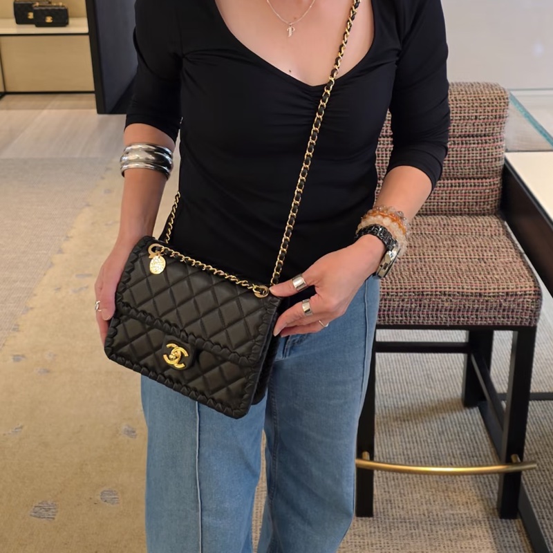 CHANEL香奈兒黑色金釦金幣鏈條豆腐包方胖子芯片款💍-1