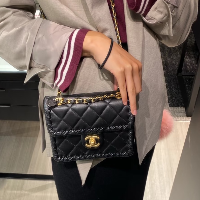 CHANEL香奈兒黑色金釦金幣鏈條豆腐包方胖子芯片款💍-3