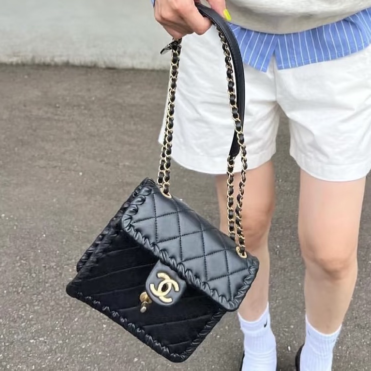 CHANEL香奈兒黑色金釦金幣鏈條豆腐包方胖子芯片款💍-4
