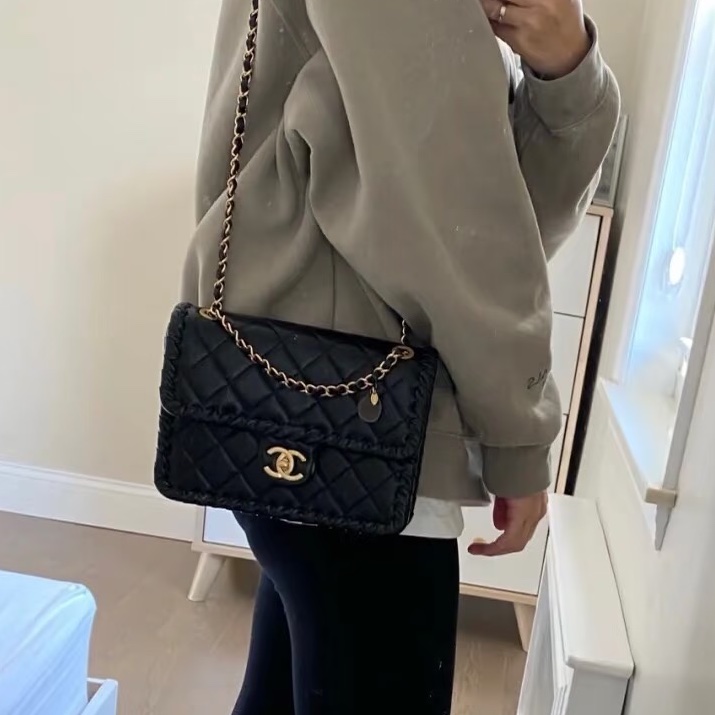 CHANEL香奈兒黑色金釦金幣鏈條豆腐包方胖子芯片款💍-6