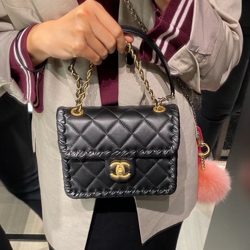 CHANEL香奈兒黑色金釦金幣鏈條豆腐包方胖子芯片款💍-7