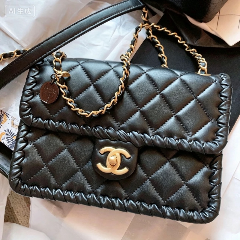 CHANEL香奈兒黑色金釦金幣鏈條豆腐包方胖子芯片款💍-9