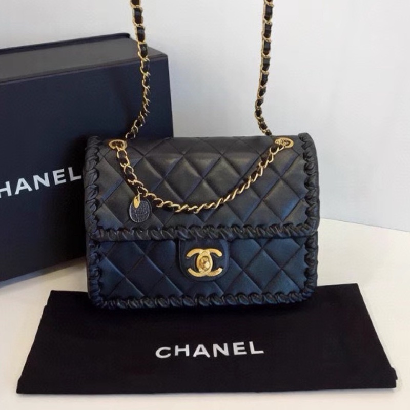 CHANEL香奈兒黑色金釦金幣鏈條豆腐包方胖子芯片款💍-10