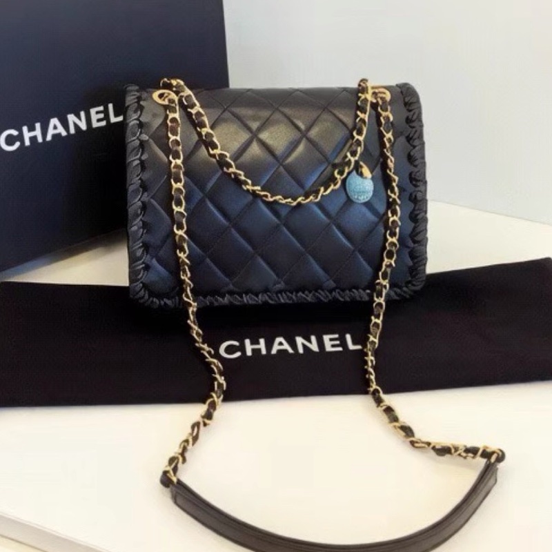 CHANEL香奈兒黑色金釦金幣鏈條豆腐包方胖子芯片款💍-11