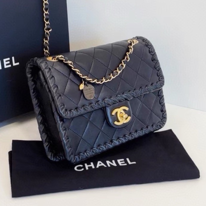 CHANEL香奈兒黑色金釦金幣鏈條豆腐包方胖子芯片款💍-12