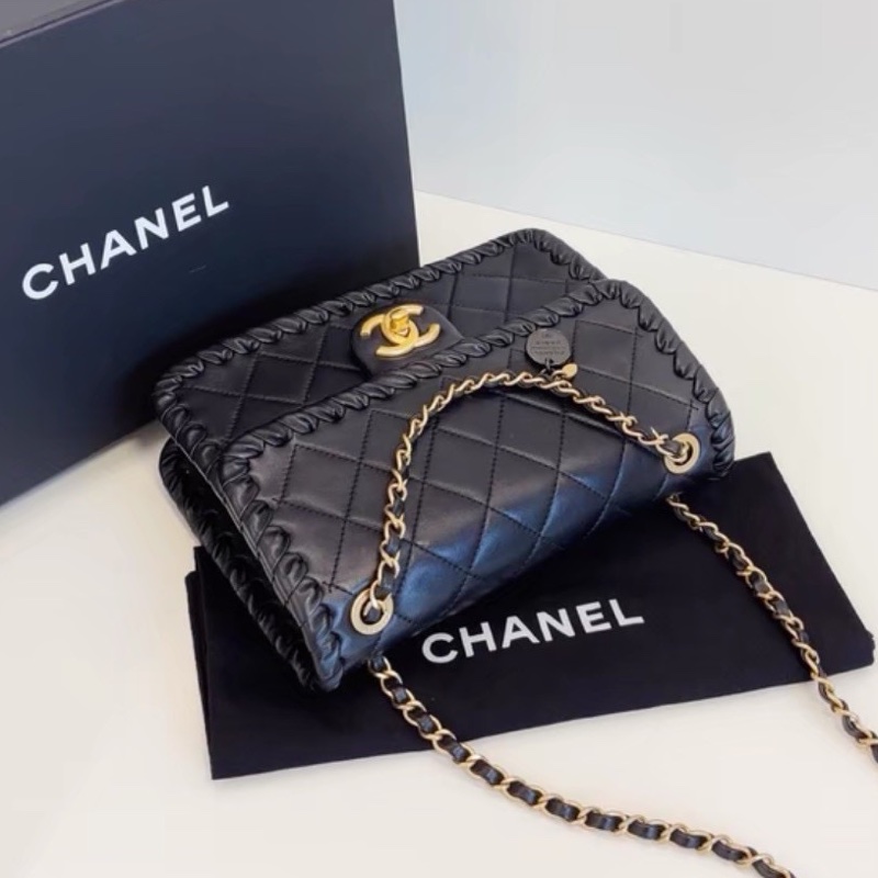 CHANEL香奈兒黑色金釦金幣鏈條豆腐包方胖子芯片款💍-13