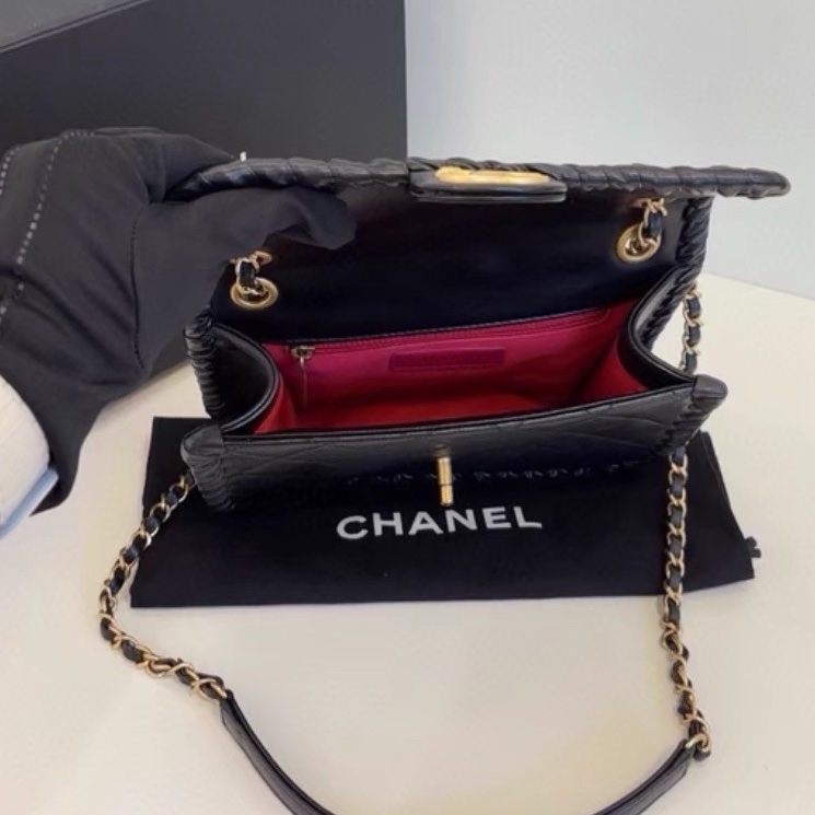 CHANEL香奈兒黑色金釦金幣鏈條豆腐包方胖子芯片款💍-15