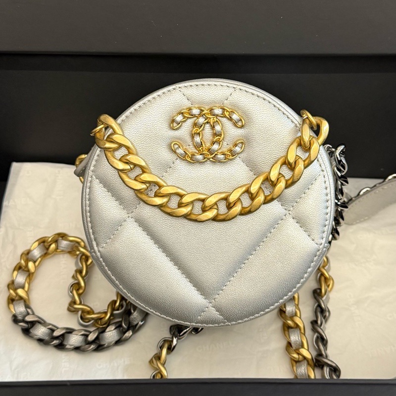 chanel香奈兒 銀色19bag圓餅包手提斜挎包 30開-0