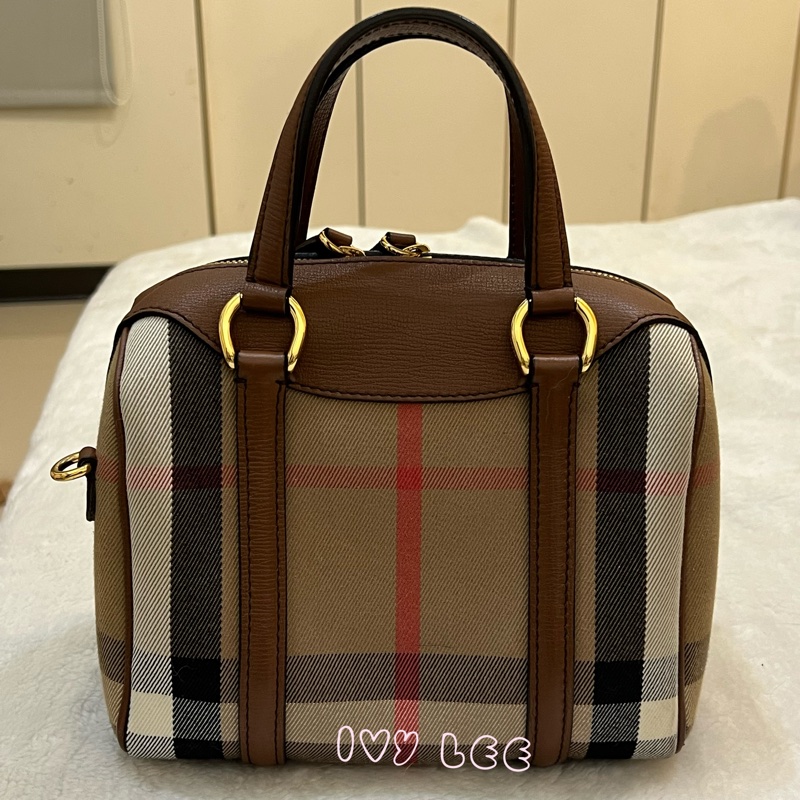 Burberry Alchester 棕色經典格紋 波士頓 保齡球手提包/斜背包 3980841 正品 二手精品-1