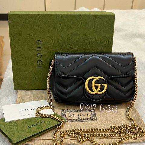 GUCCI GG Mormont 絎縫 超迷你袋 小包 斜背包 肩背包 476433 黑金MARMONT 正品 二手精品