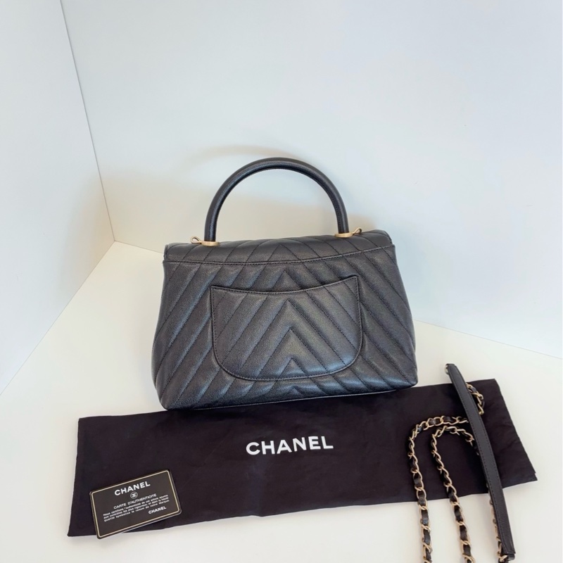 💎Chanel香奈兒|cocohandle|黑金荔枝牛皮|V紋 中號|99新-3