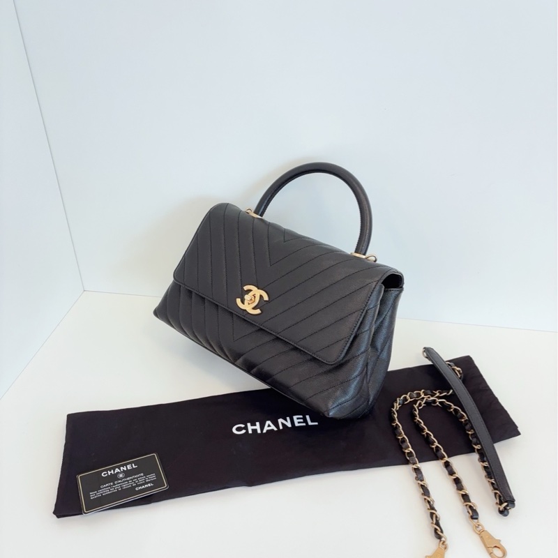 💎Chanel香奈兒|cocohandle|黑金荔枝牛皮|V紋 中號|99新-5