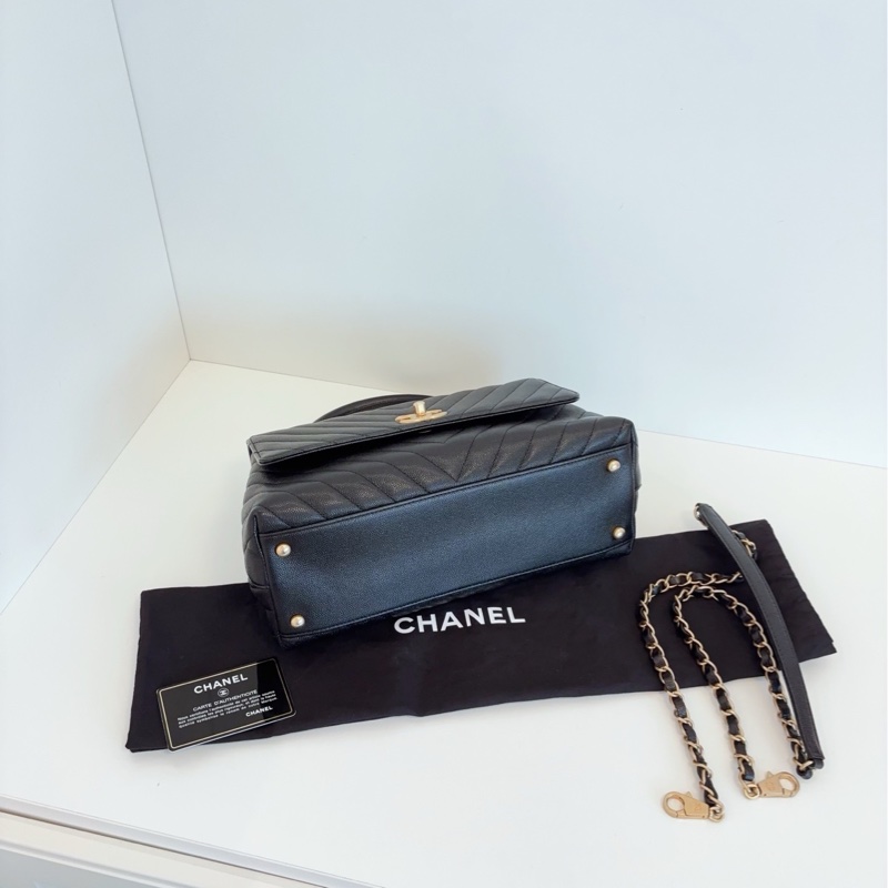 💎Chanel香奈兒|cocohandle|黑金荔枝牛皮|V紋 中號|99新-8