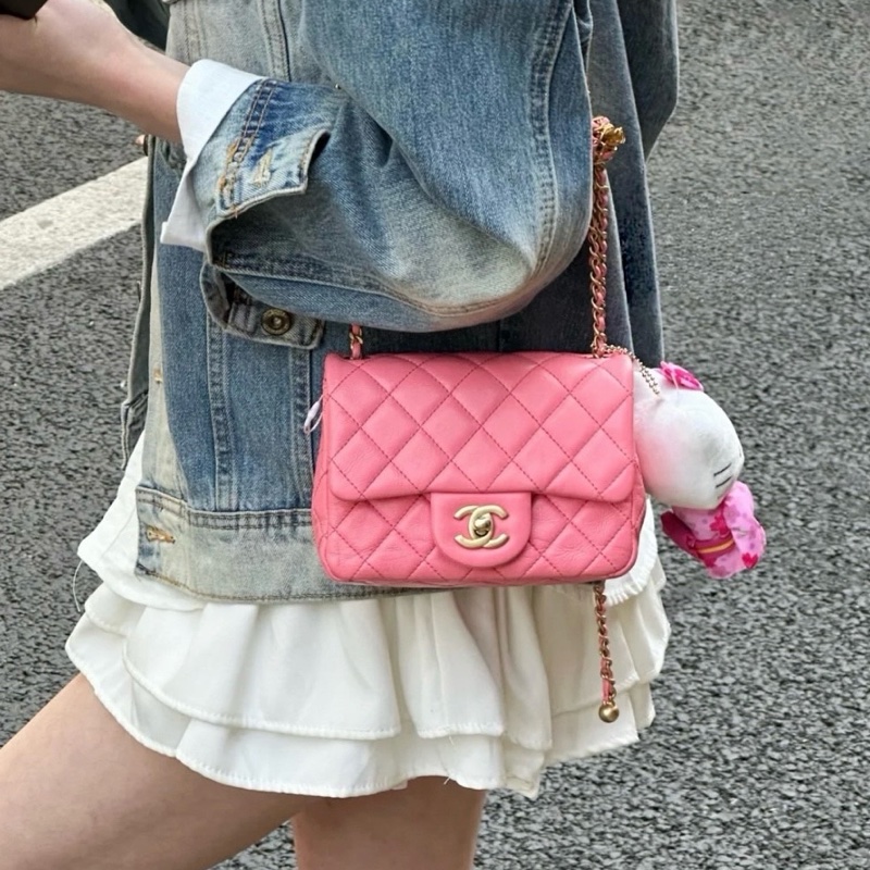 💎Chanel香奈兒|珊瑚粉色編織核桃金球CF方胖鏈條包|芯片款皺摺小羊皮|98新-1