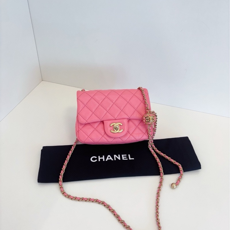 💎Chanel香奈兒|珊瑚粉色編織核桃金球CF方胖鏈條包|芯片款皺摺小羊皮|98新-2