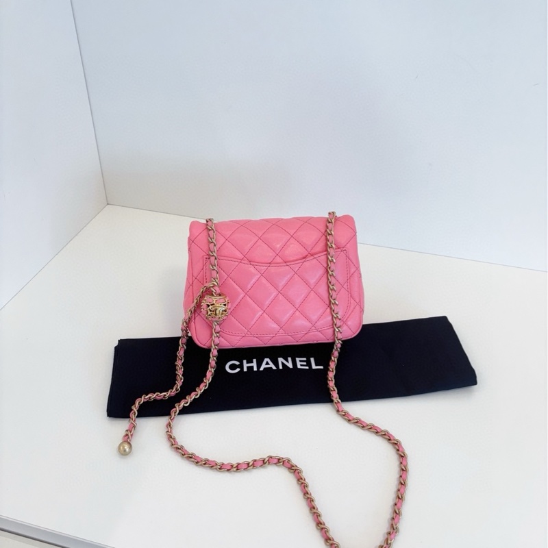 💎Chanel香奈兒|珊瑚粉色編織核桃金球CF方胖鏈條包|芯片款皺摺小羊皮|98新-3