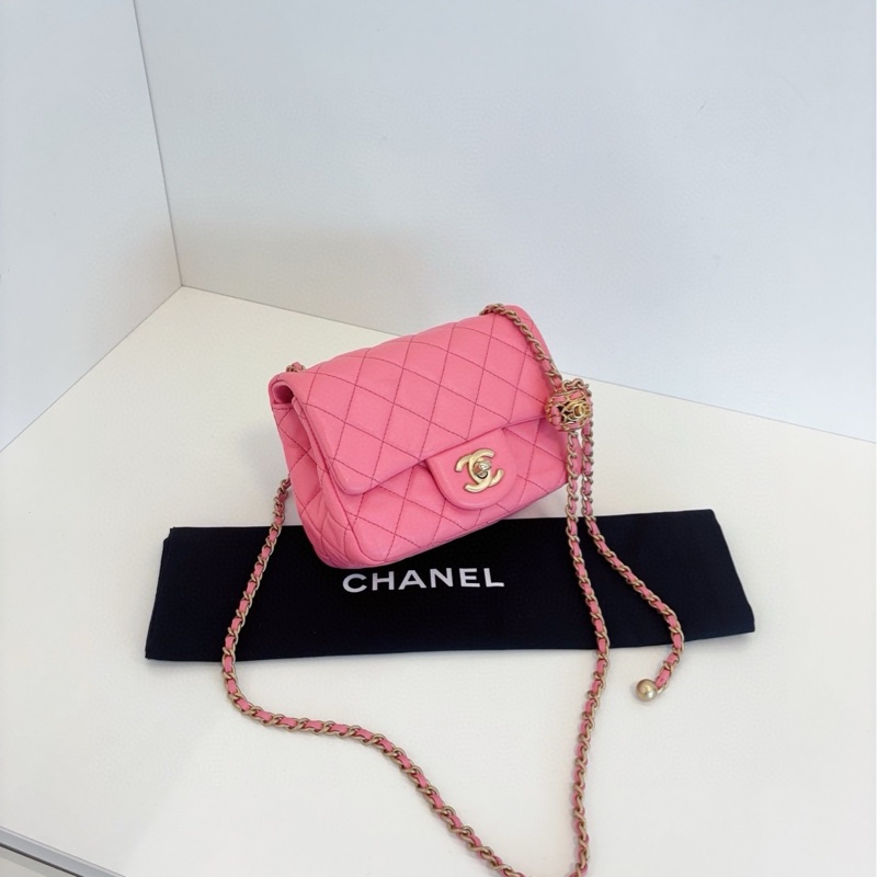 💎Chanel香奈兒|珊瑚粉色編織核桃金球CF方胖鏈條包|芯片款皺摺小羊皮|98新-4