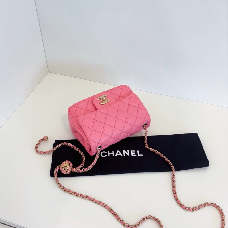 💎Chanel香奈兒|珊瑚粉色編織核桃金球CF方胖鏈條包|芯片款皺摺小羊皮|98新-5
