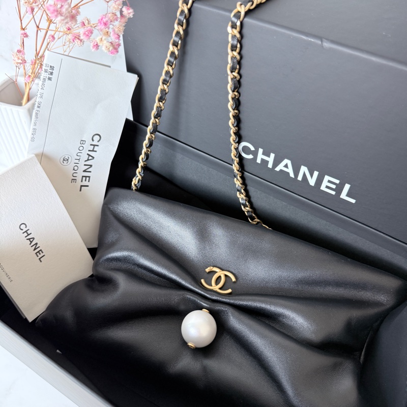 CHANEL✨25S 黑金珍珠蝴蝶結斜背包手拿包鏈條包 晚宴包鏈條可拆 台灣購證-8