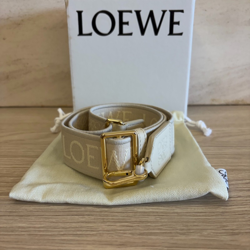 Loewe 品牌帆布肩背帶 米白色-5