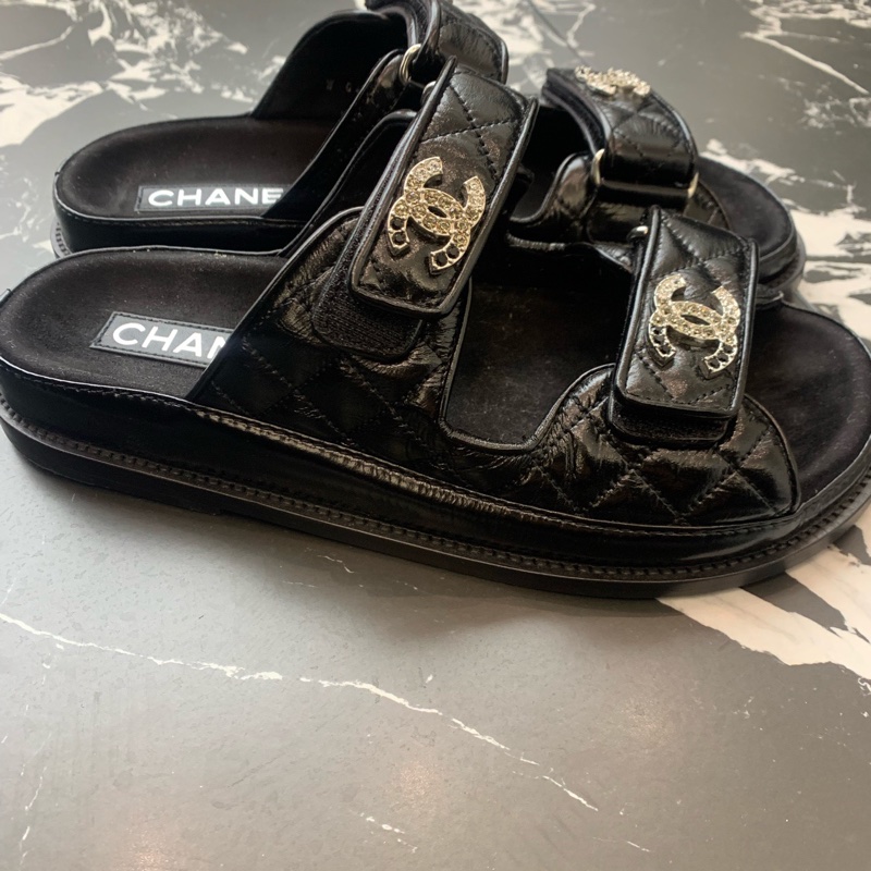 CHANEL香奈兒 25P 黑色雙C鑽扣魔術貼涼鞋 38碼-3