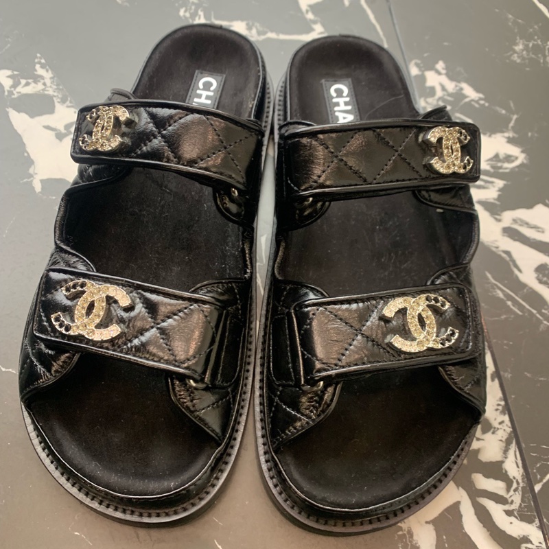 CHANEL香奈兒 25P 黑色雙C鑽扣魔術貼涼鞋 38碼-6