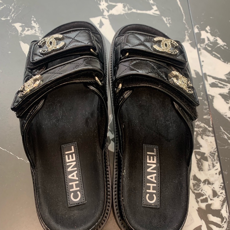 CHANEL香奈兒 25P 黑色雙C鑽扣魔術貼涼鞋 38碼-8