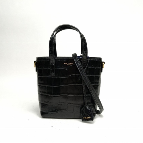 SAINT LAURENT 黑色牛皮金扣minitote水桶鱷魚壓紋手提斜挎包