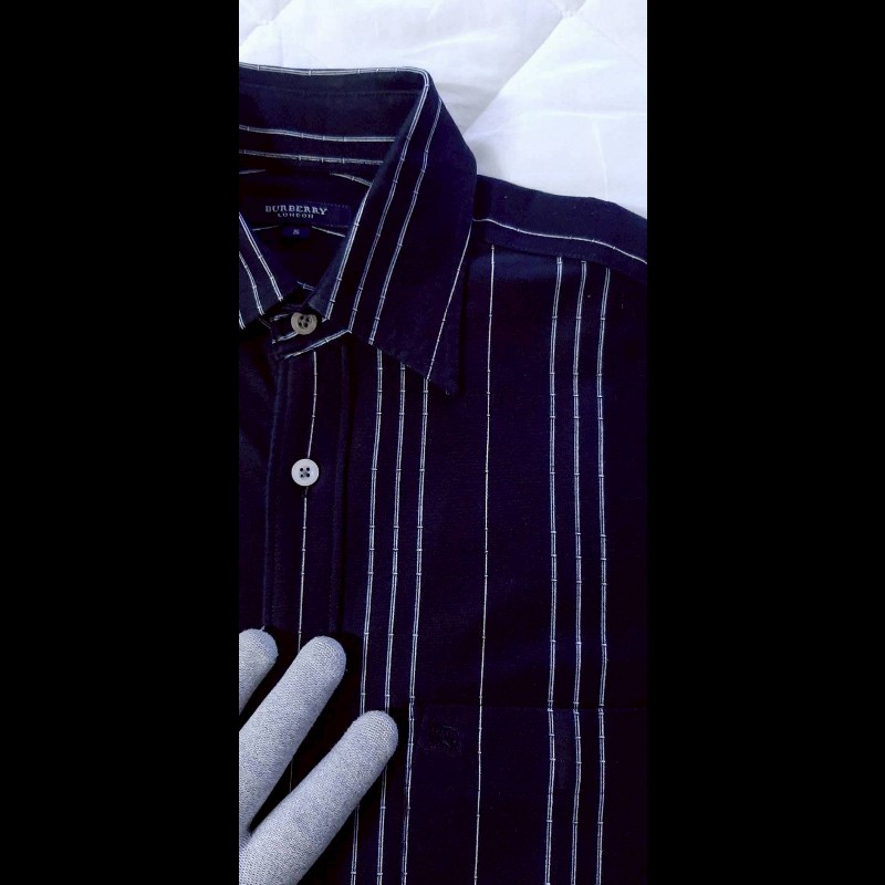 美版BURBERRY 博柏利 LONDON 男深藍條紋長袖襯衫S-4