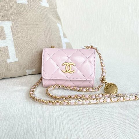 Chanel mini woc金幣鏈條包粉色金扣 牛皮 11*9*3.5 99新配件塵袋