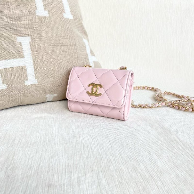 Chanel mini woc金幣鏈條包粉色金扣 牛皮 11*9*3.5 99新配件塵袋-1